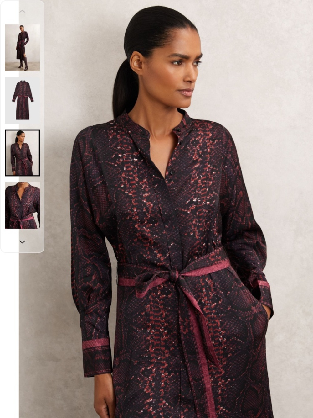 Reiss Burgundy/Black Daria Snake-Print Shirt Dress
